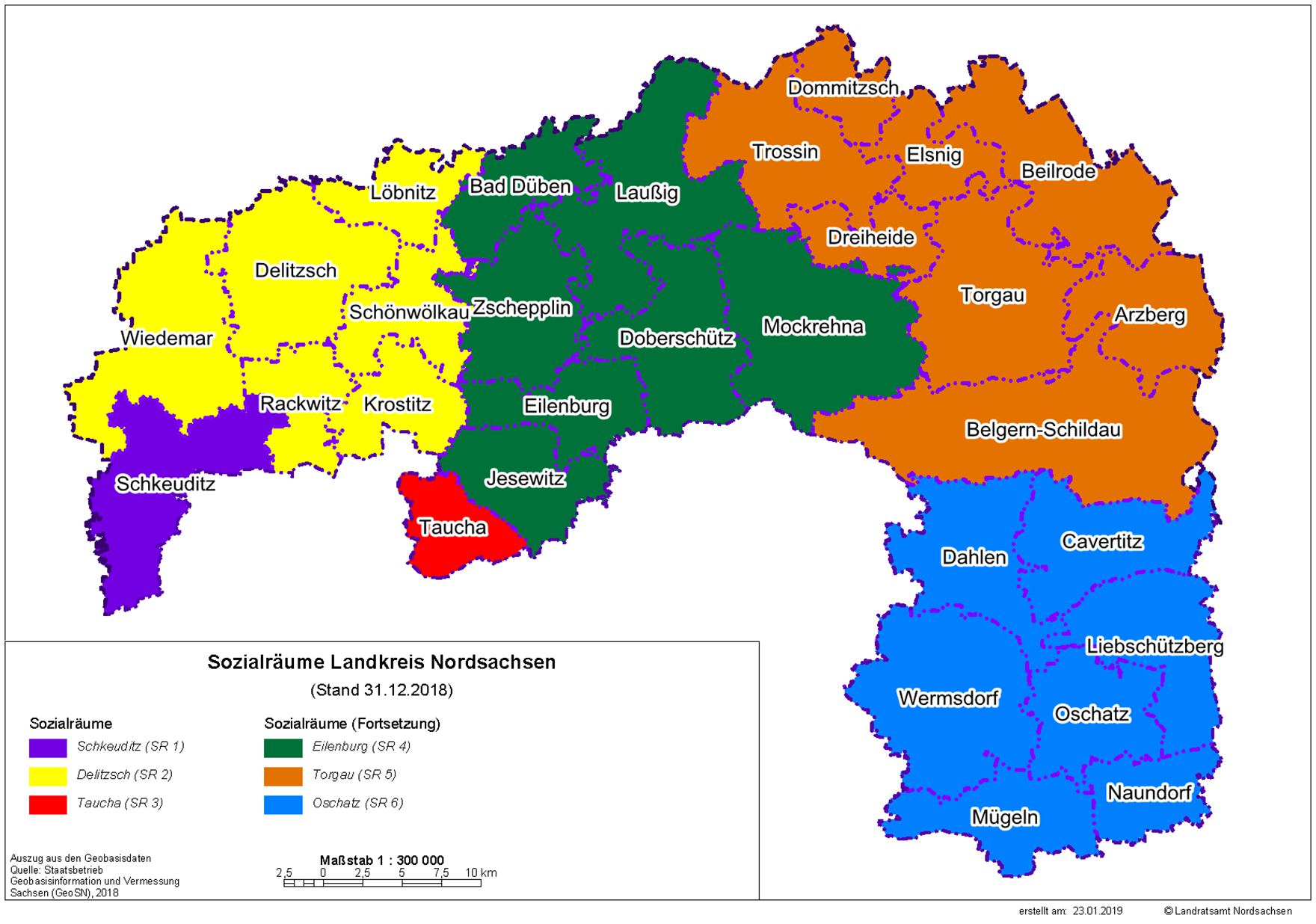 Die Abbildung zeigt die sechs Sozialräume farblich abgegrenzt in Form einer Landkarte