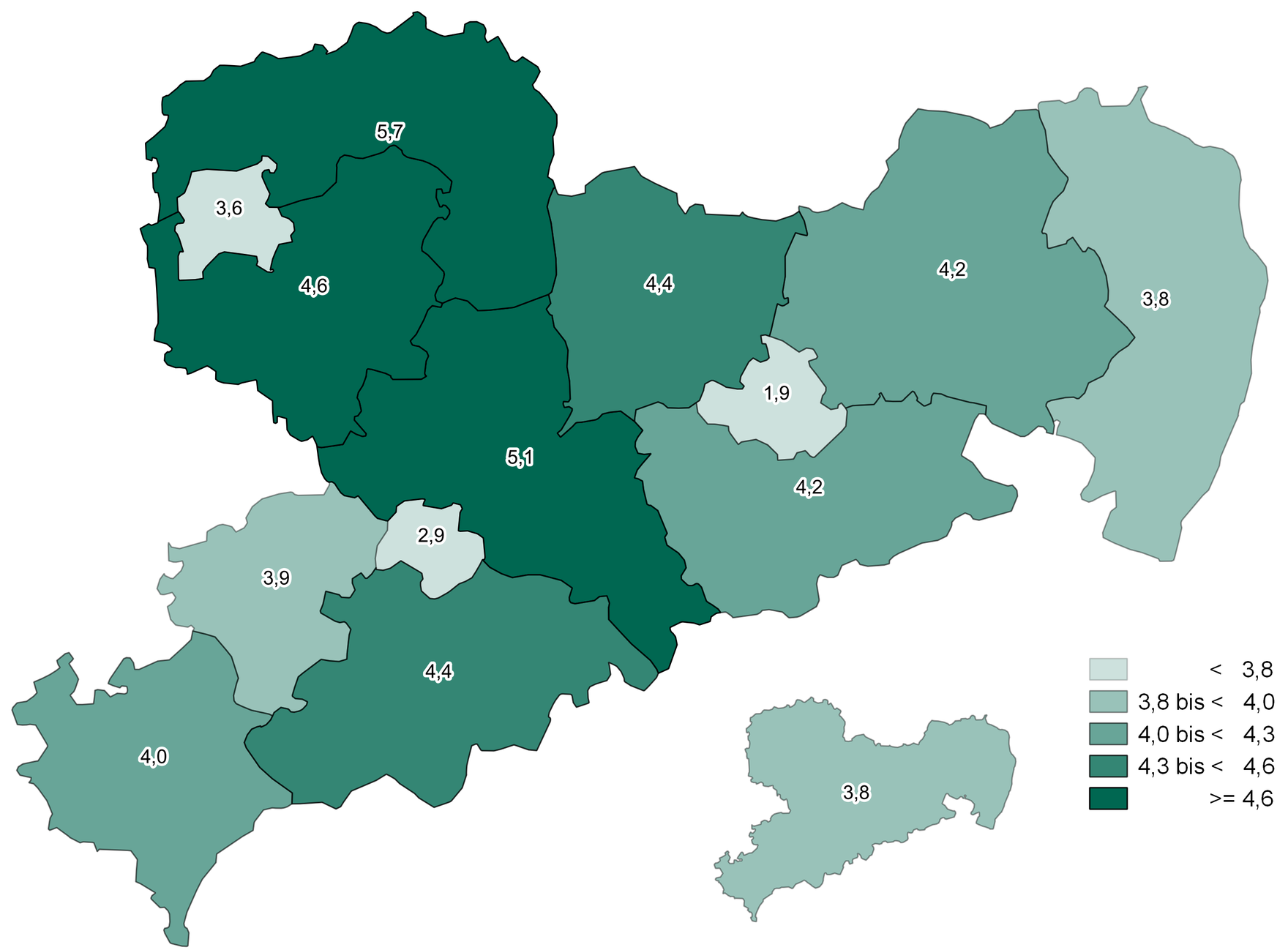 Die wenigsten adipösen Kinder leben in den kreisfreien Städten (1,9-3,6 Prozent). In Nordsachen, dem Landkreis Leipzig und Mittelsachsen ist der Anteil am höchsten mit 4,6 beziehungsweise 5,7 Prozent.