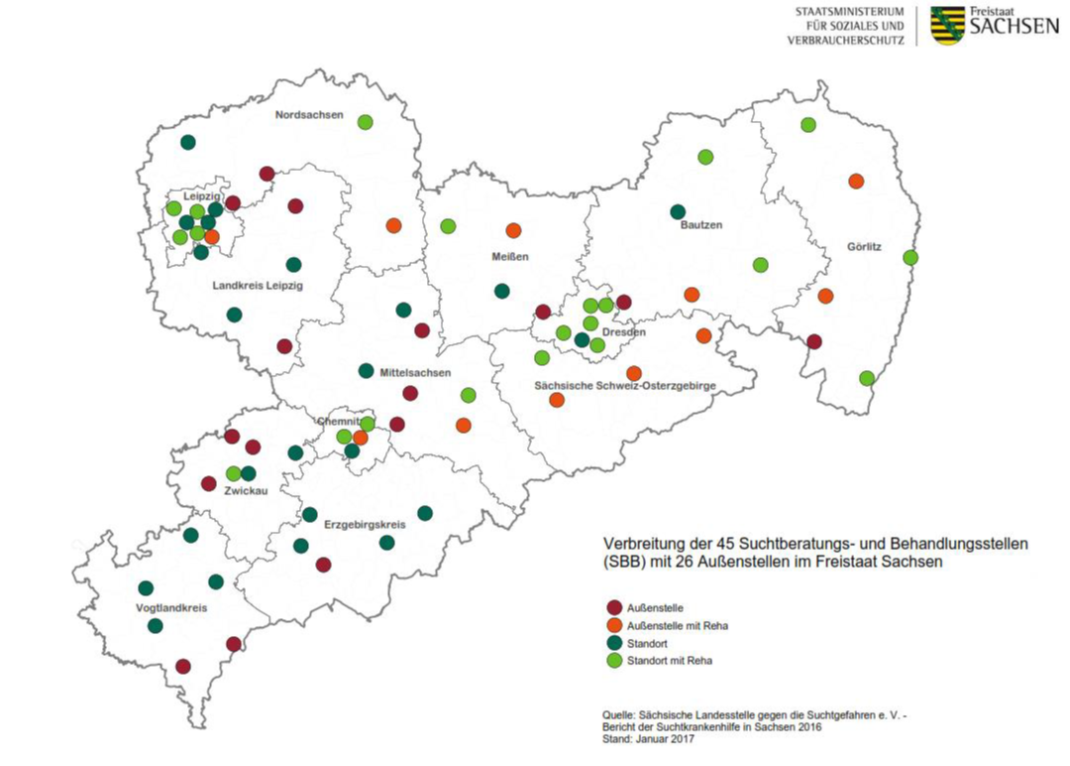Die Karte zeigt die 45 Suchtberatungs- und Behandlungsstellen (SBBs) und die 26 Außenstellen im Freistaat Sachsen an. Die Karte zeigt die 45 Suchtberatungs- und Behandlungsstellen (SBBs) und die 26 Außenstellen im Freistaat Sachsen an. Die meisten SBBs befinden sich in Leipzig gefolgt von Dresden und Chemnitz.