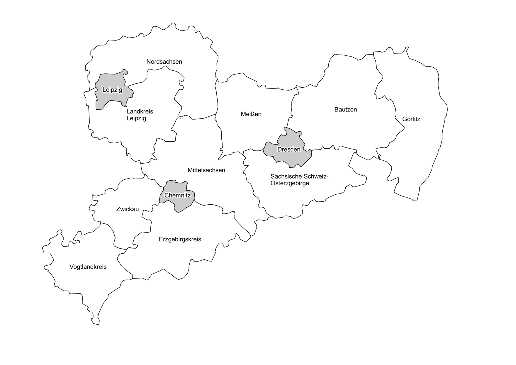 Die Grafik zeigt eine Übersichskarte der Landkreise und Kreisfreien Städte in Sachsen.