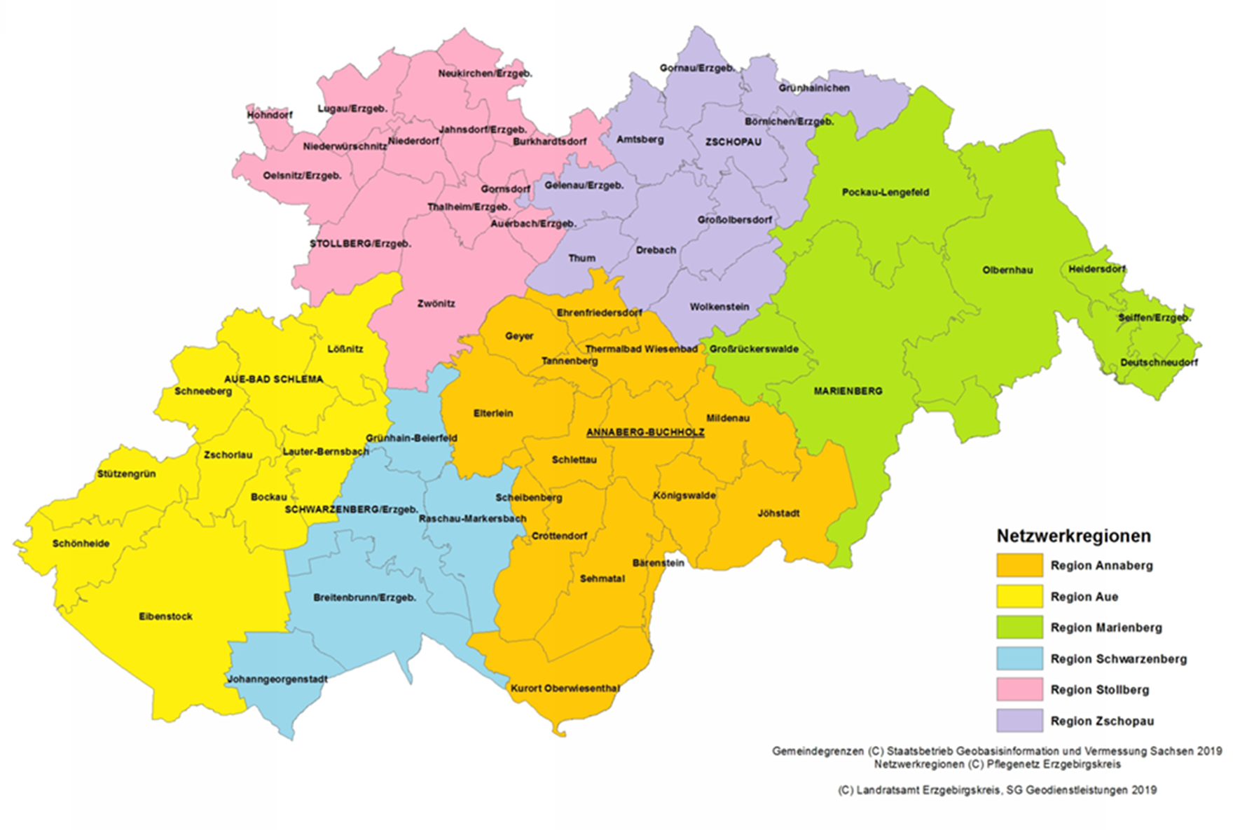 Die Abbildung zeigt die sechs Netzwerkregionen farblich abgegrenzt in Form einer Landkarte.