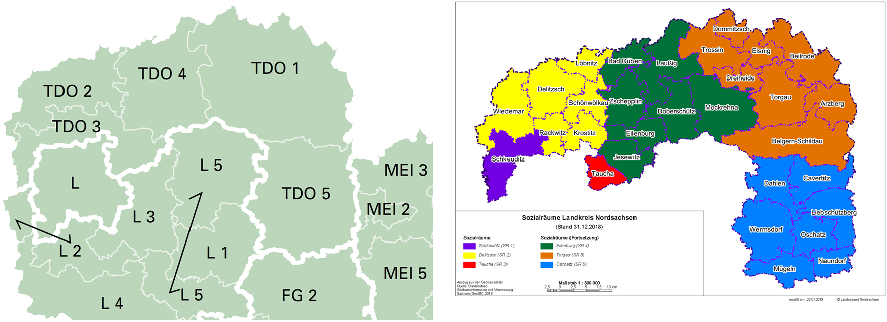 Die Abbildung zeigt in zwei Landkarten die Sozialräume und SAB-Wohnungsmarktregionen farblich abgegrenzt.