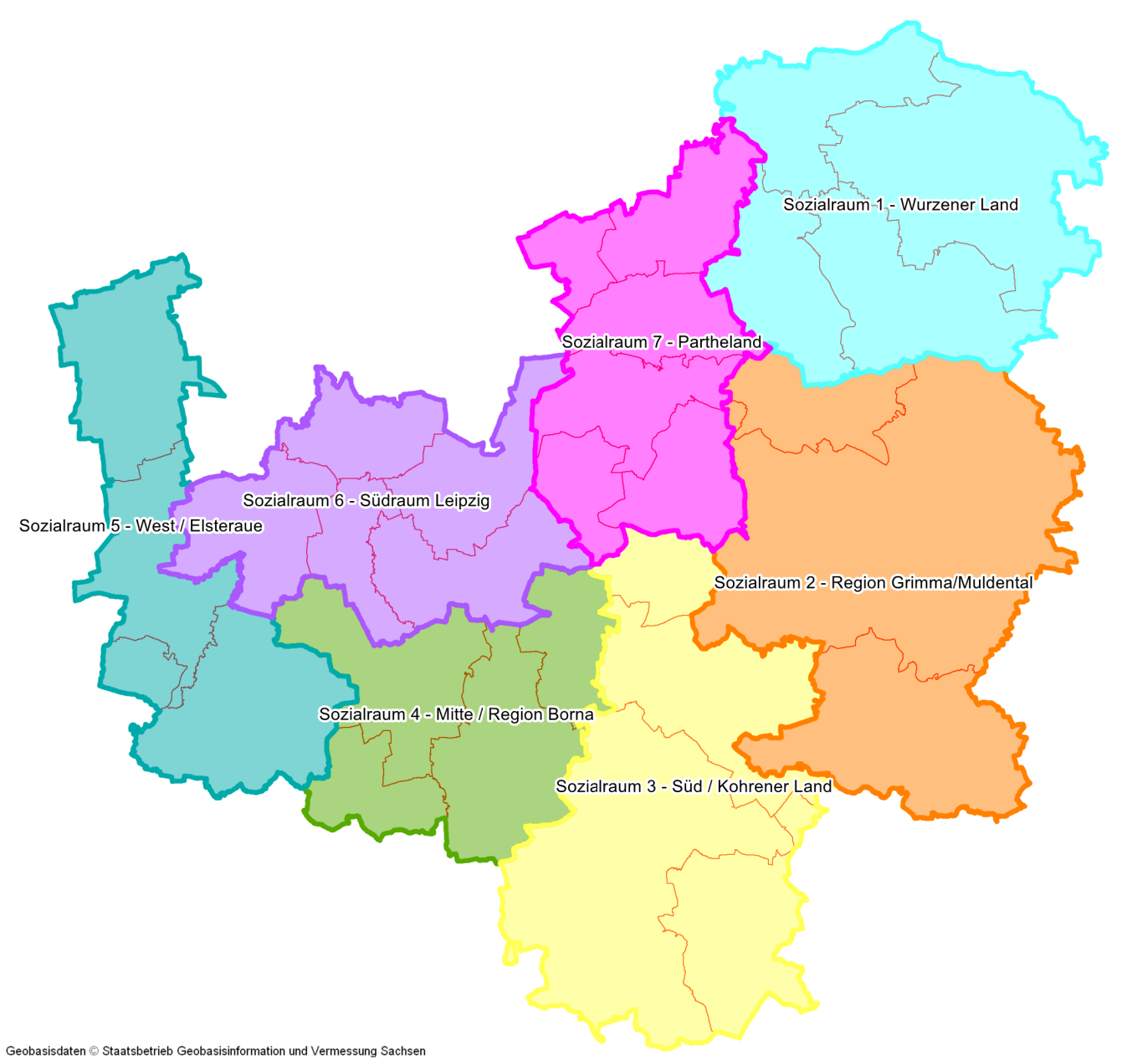 Die Abbildung zeigt die sieben Sozialräume farblich abgegrenzt in Form einer Landkarte