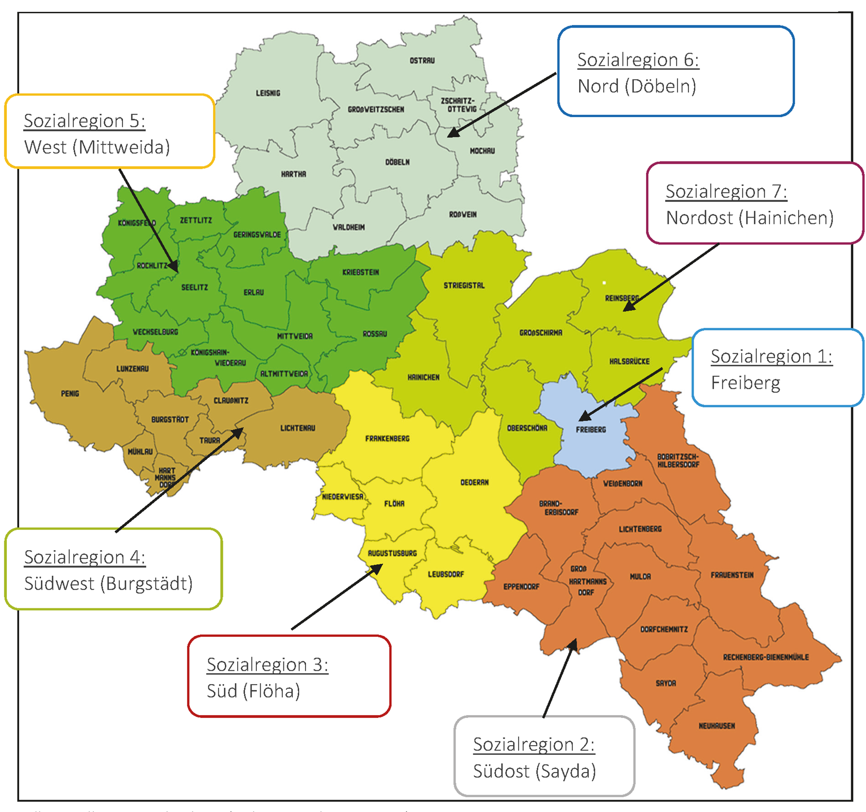 Die Abbildung zeigt die sieben Sozialregionen farblich abgegrenzt in Form einer Landkarte.
