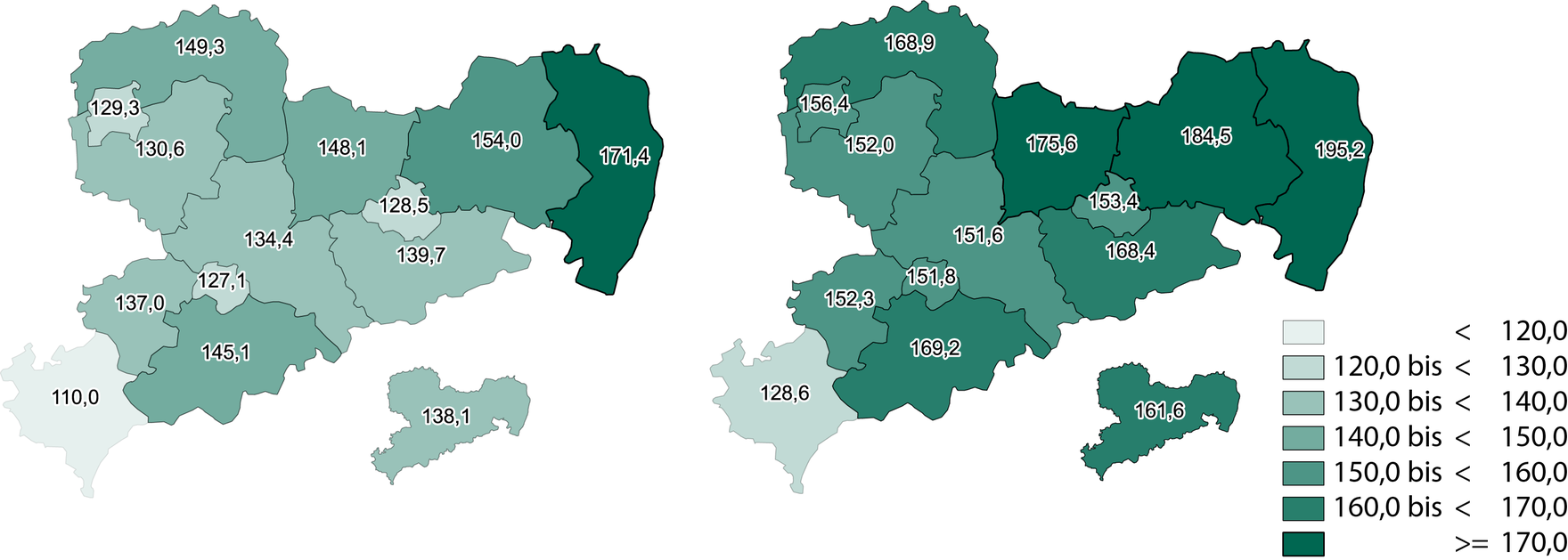 Die Grafik zeigt die beschriebenen regionalen Veränderungen.