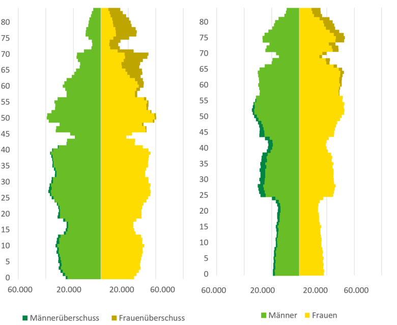 Die Bevölkerungspyramide zeigt die Altersstruktur der Gesamtbevölkerung von 1990 im Vergleich zu 2015. Im Jahr 2015 existiert ein Männerüberschuss in der Bevölkerung unter 57 Jahren, während ab 57 Jahren ein zunehmender Frauenüberschuss besteht.