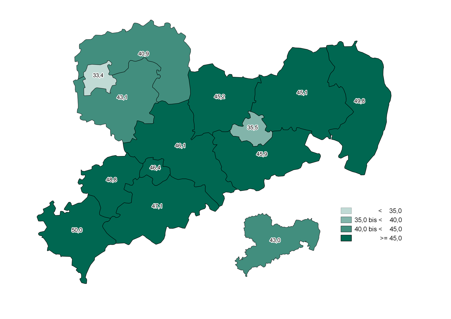 Die Abbildung zeigt die beschriebenen Unterschiede des Altenquotienten zwischen den Landkreisen und kreisfreien Städten.