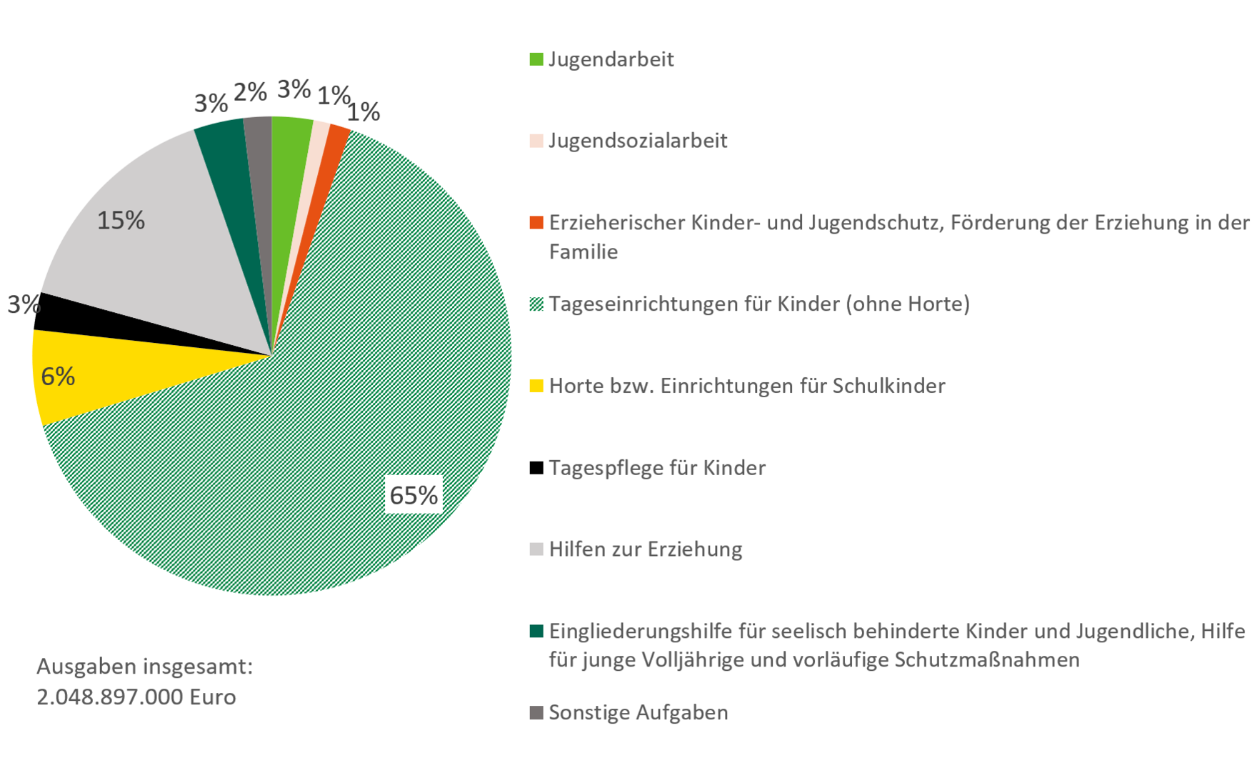 Knapp zwei Drittel der 2.048.897.000 Gesamt-Bruttoausgaben der Kinder und Jugendhilfe werden für Tageseinrichtungen für Kinder (ohne Horte) ausgegeben. Der zweitgrößte Anteil mit 15 Prozent wird von Hilfen zur Erziehung beansprucht. Andere Ausgaben wie für Jugendarbeit oder Tagespflege nehmen einen kleineren Anteil ein.