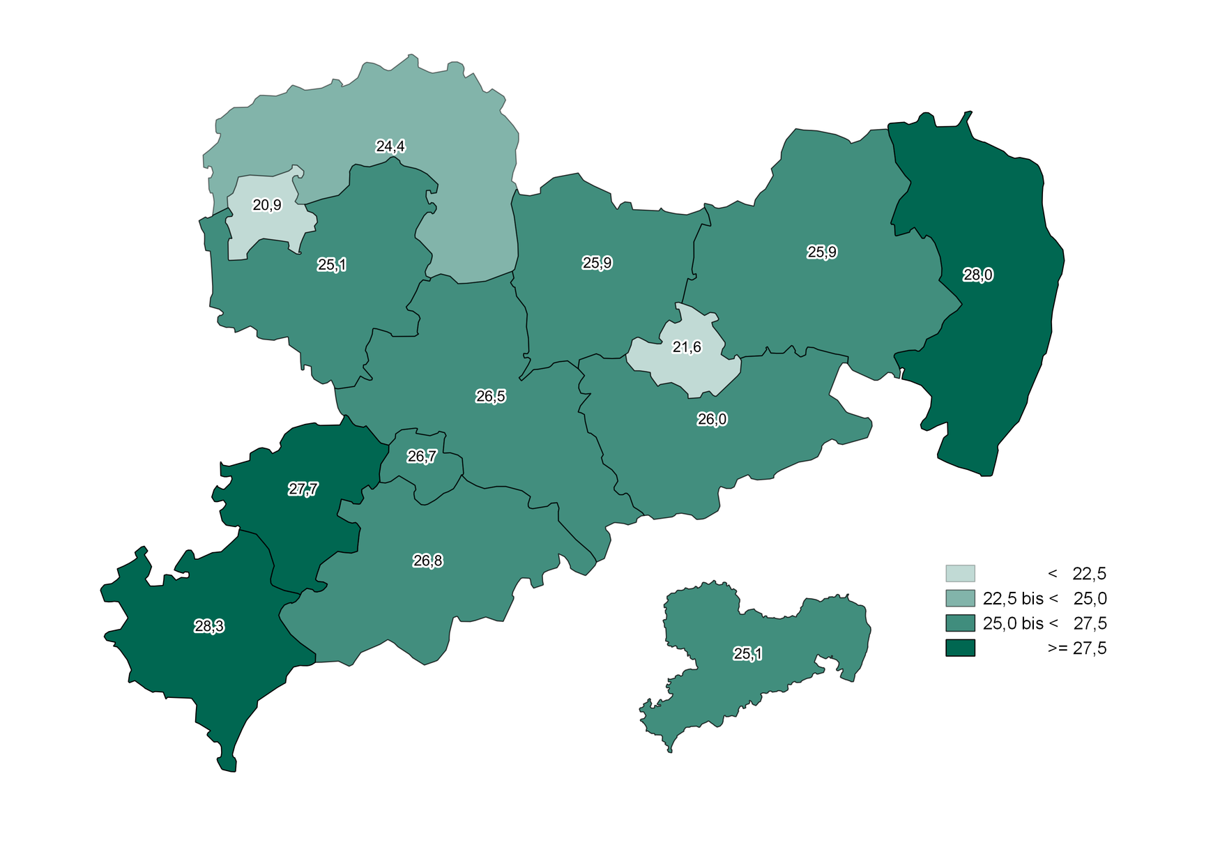 Im Vogtlandkreis, den Landkreisen Zwickau und Görlitz liegt der Seniorenanteil im Jahr 2015 bei über 27,5 Prozent. In Leipzig und Dresden ist der Anteil mit knapp über 20 Prozent am geringsten.