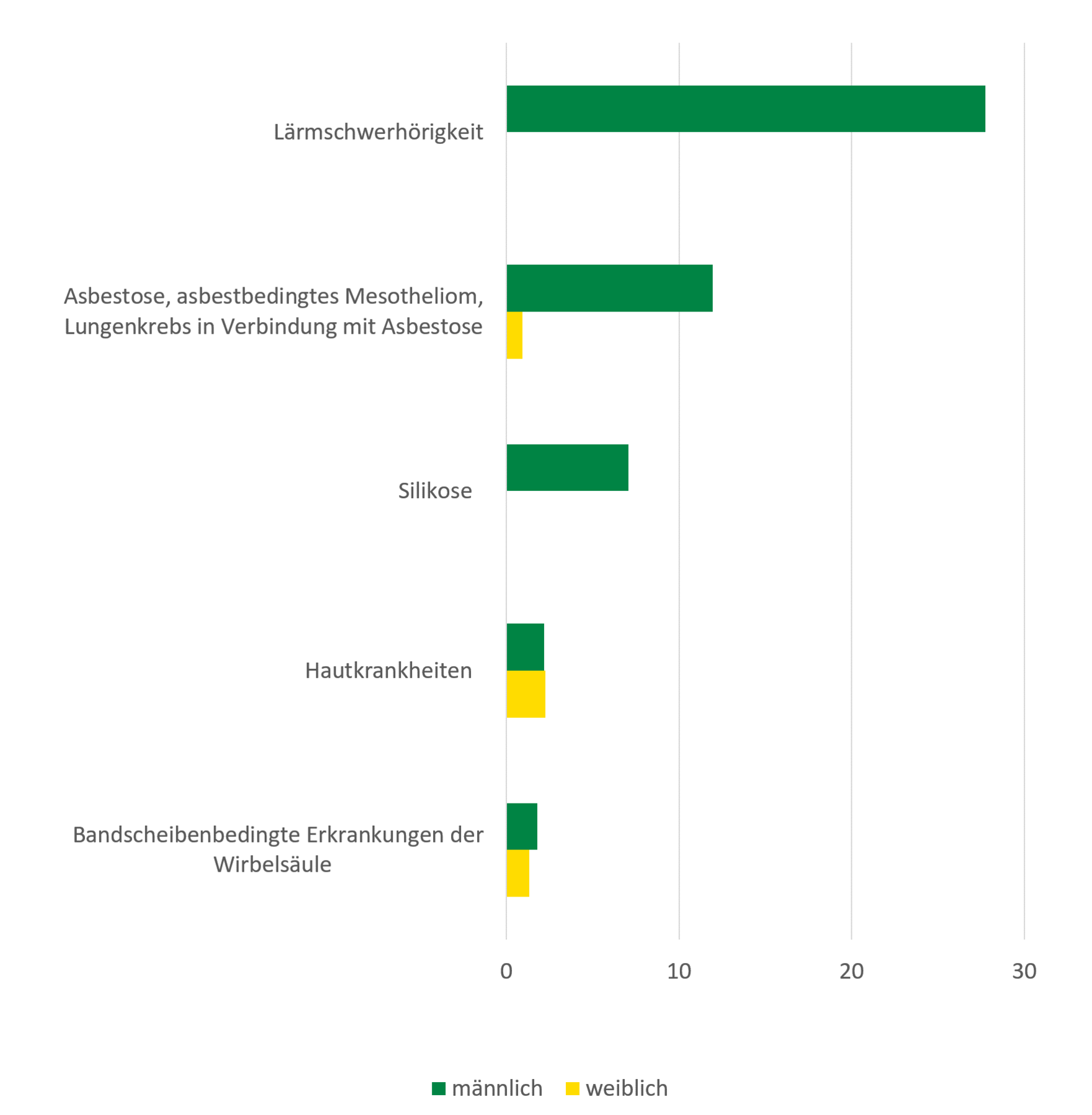 Die Abbildung zeigt die im Text genannten häufigsten Berufskrankheiten, die vorwiegend Männer betreffen.