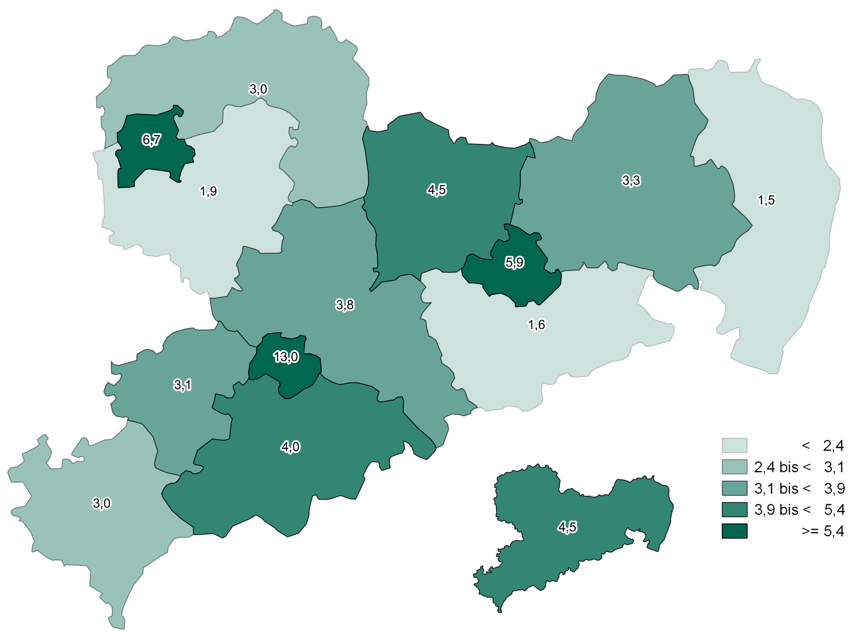 In Chemnitz, Leipzig Stadt und Dresden wurden die meisten Neuerkrankungen (bis 13 je 100.000 Einwohner) an Lungentuberkulose gezählt. In den Landkreisen Leipzig, der Sächsischen Schweiz und Görlitz gab es weniger als 2 Neuerkrankungen je 100.000 Einwohner.