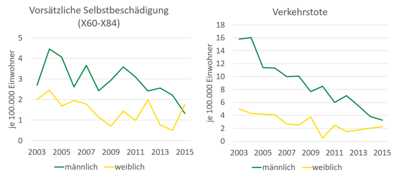 Die Grafik stellt die beschriebene Entwicklung der Todesfälle aufgrund von vorsätzlicher Selbstschädigung und die Anzahl Verkehrstoter dar.