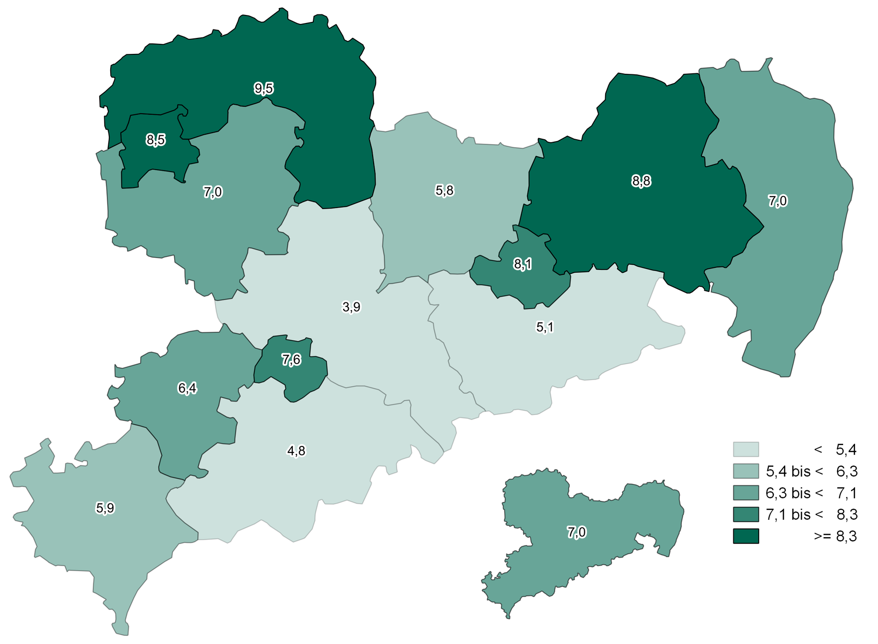 Der höchste Anteil untersuchter Schulanfänger ohne Dokumentation der Früherkennungsuntersuchung befindet sich in Nordsachsen, Leipzig und Bautzen. Im Erzgebirgskreis, in Mittelsachsen und der Sächsischen Schweiz war der Anteil am geringsten.