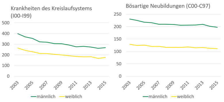 Von 2003 bis 2015 gab es einen Rückgang von ungefähr 100 Todesfällen je 100.000 Einwohner für Krankheiten des Kreislaufsystems. Von 2003 bis 2015 gab es einen Rückgang von ungefähr 50 Todesfällen je 100.000 Einwohner bei bösartigen Neubildungen.