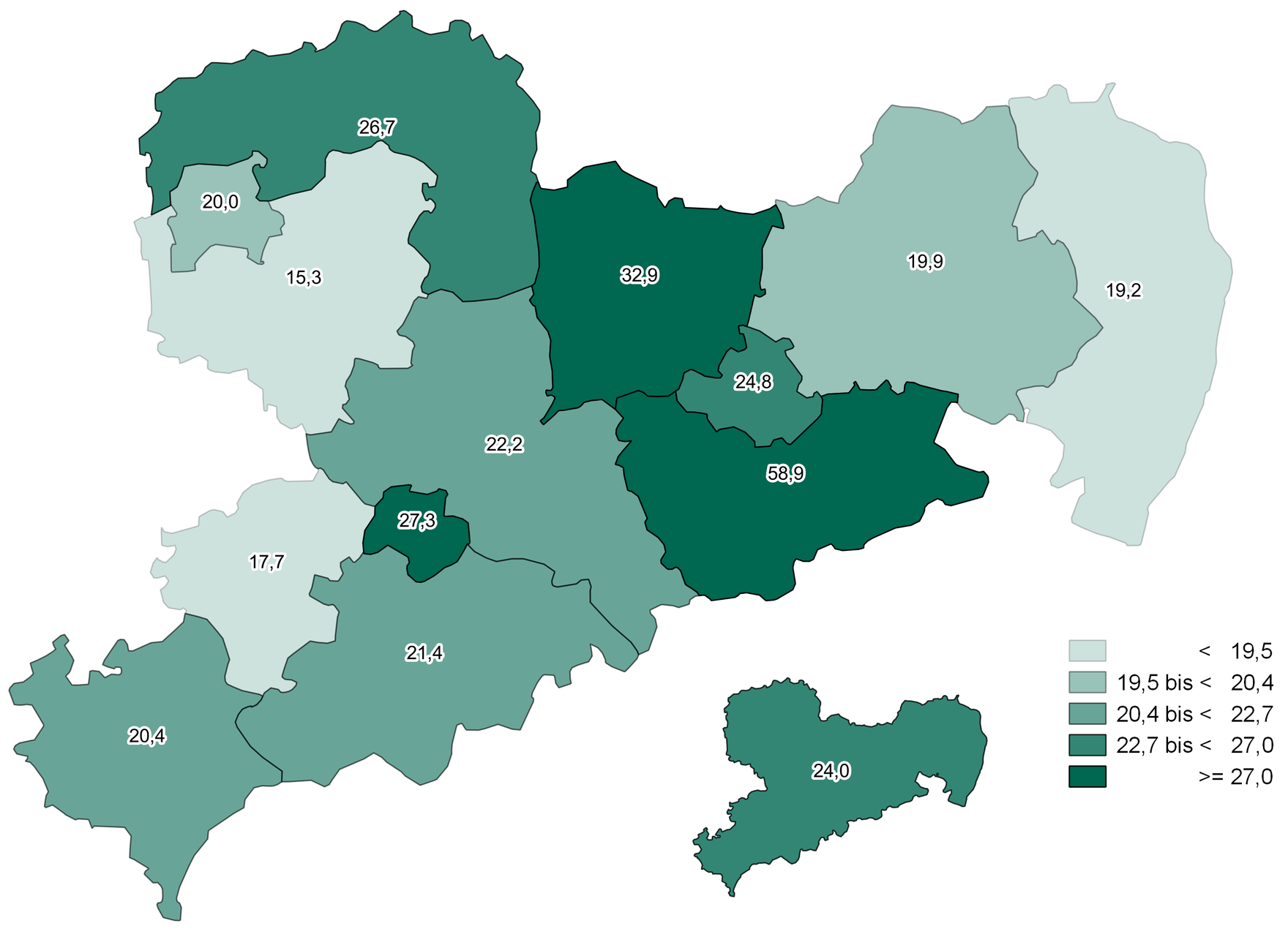Die regionalen Unterschiede variieren von 15,3 Fälle im Landkreis Leipzig und 58,9 je 100.000 Einwohner in der Sächsischen Schweiz. Der Durchschnitt in Sachsen liegt bei 24 Krankenhausfällen je 100.000 Einwohner.