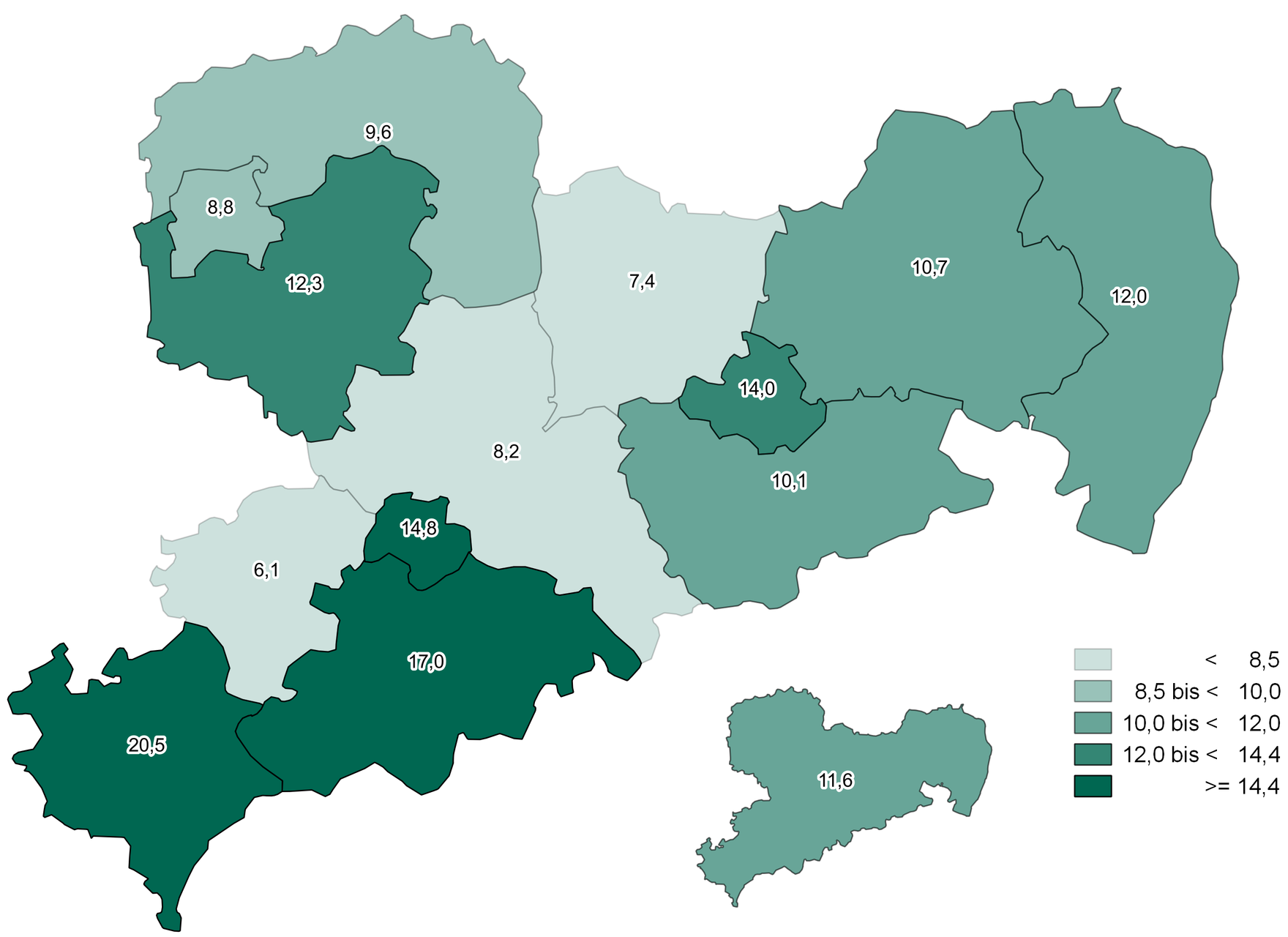 Die Abbildung zeigt die beschriebenen regionalen Unterschiede.