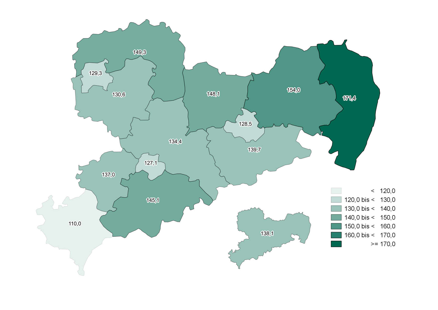 Die Grafik stellt die beschriebenen regionalen Unterschiede dar.