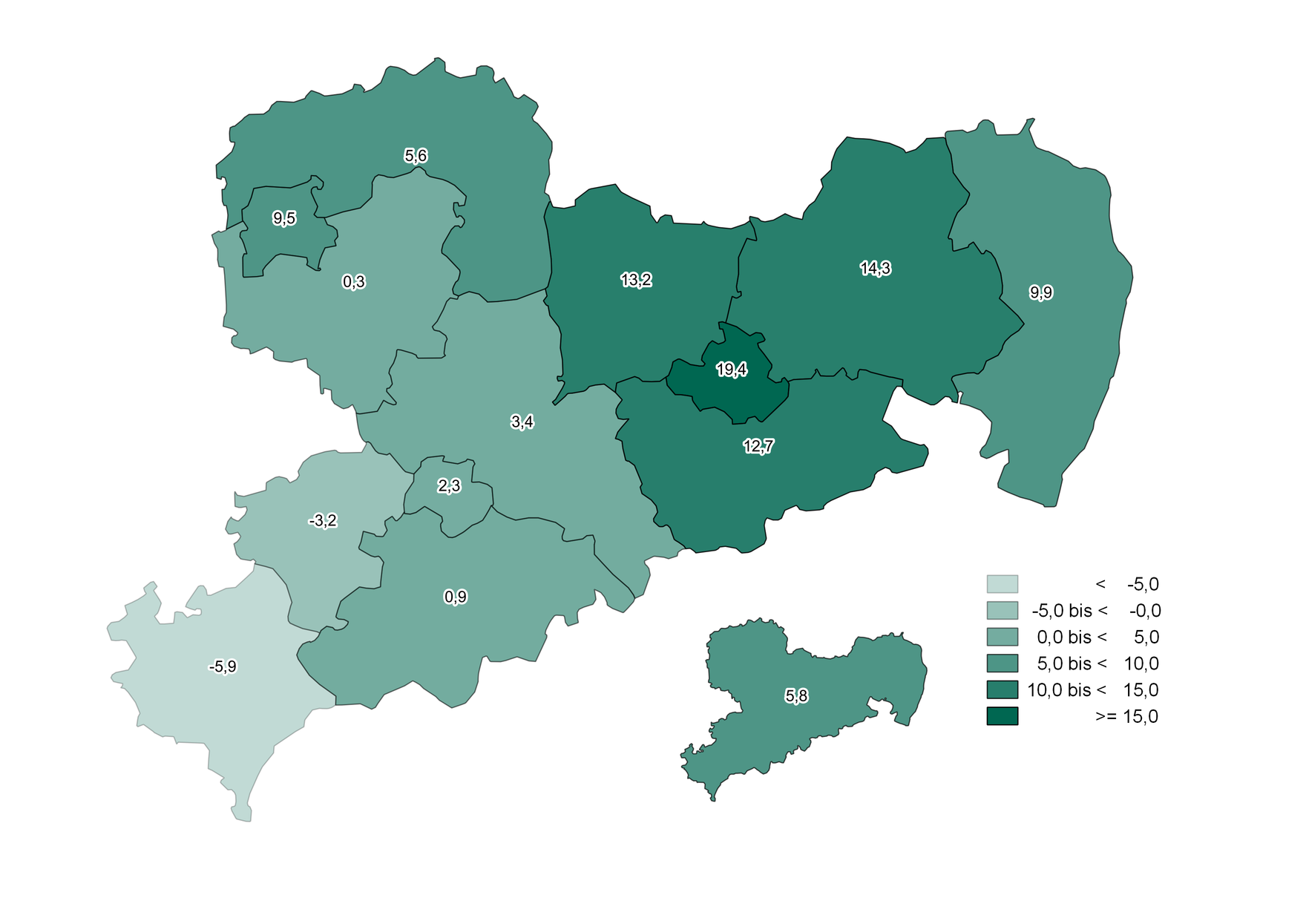 Die Grafik zeigt die beschriebenen regionalen Veränderungen.