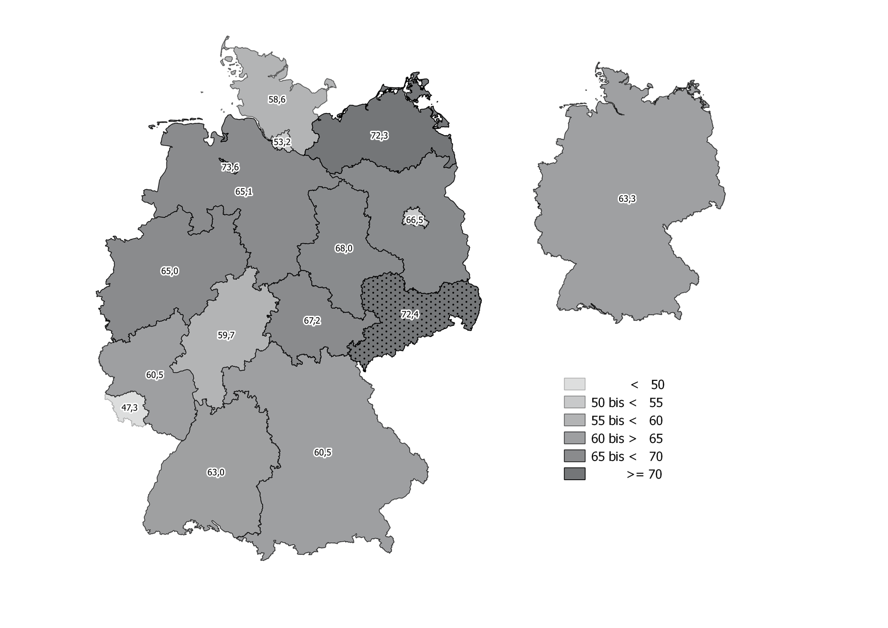 Die Grafik stellt die im Text beschriebenen Anteile der Teilzeitbeschäftigten an allen Beschäftigten in stationären Pflegeeinrichtungen für Gesamtdeutschland dar.