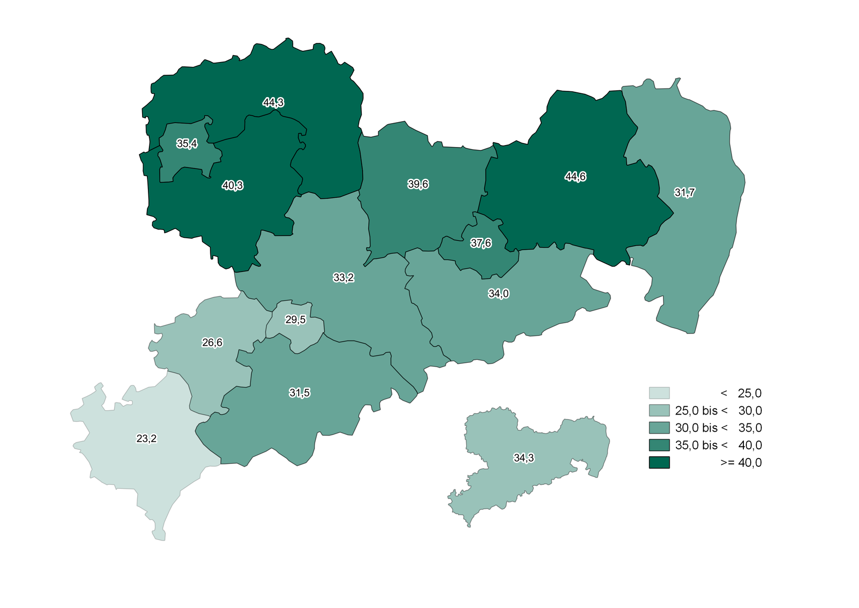 In den Landkreisen Leipzig, Nordsachsen und Meißen war der Anstieg der Bevölkerung über 80 Jahre mit bis zu 44,6 Prozent am höchsten. Im Landkreis Vogtland mit 23,2 Prozent am niedrigsten. Der Durchschnitt für Sachsen lag bei 34,3 Prozent.