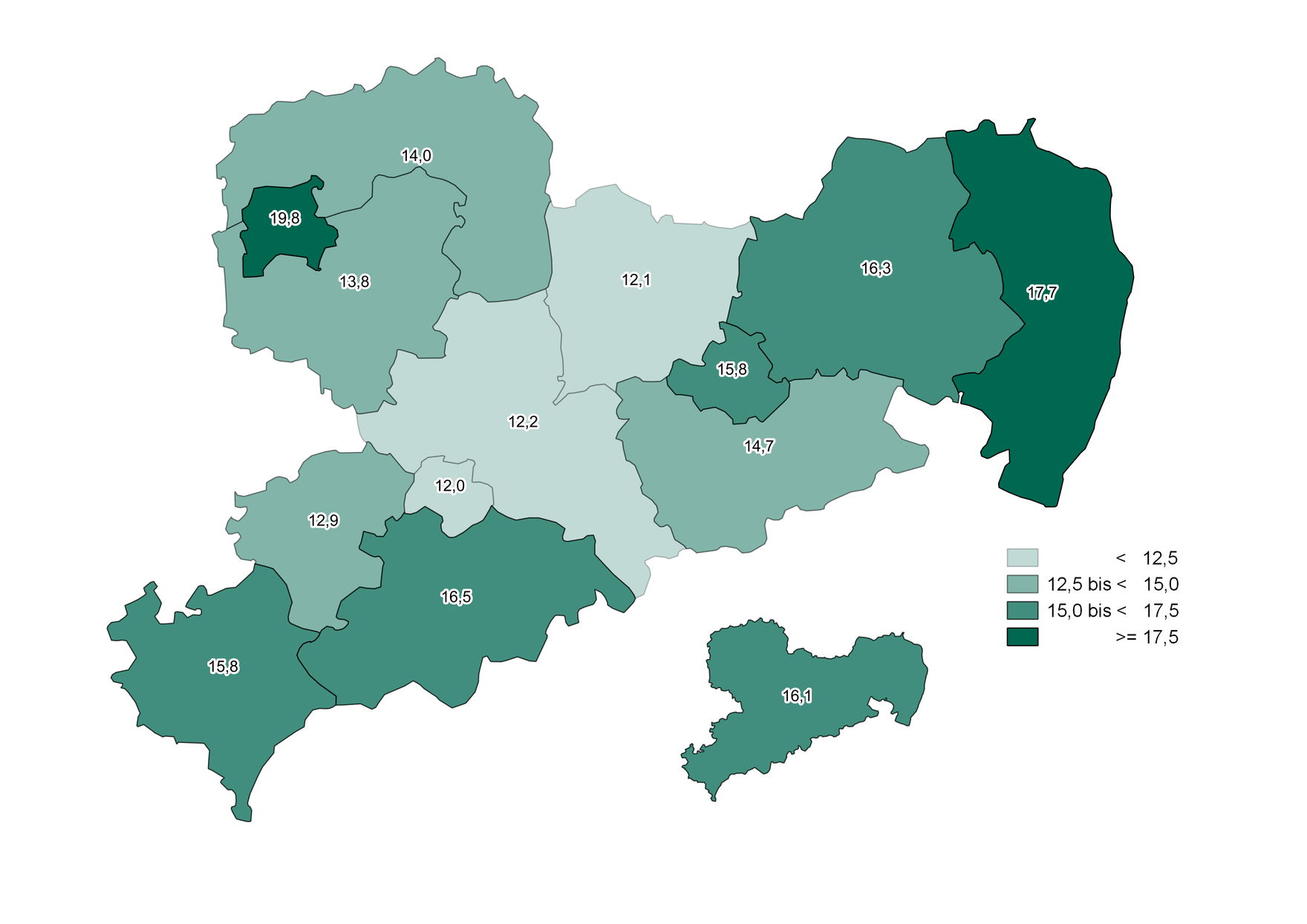 Die Grafik zeigt die im Text beschriebenen regionalen Unterschiede der Anteile der Leistungsempfänger mit Hilfe zur Pflege in den stationären Pflegeeinrichtungen.