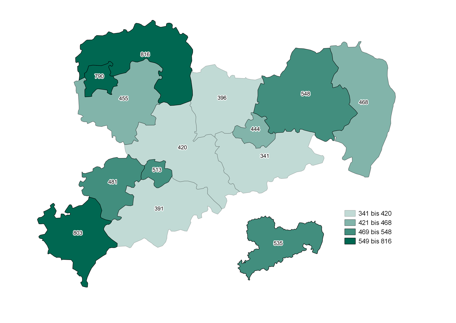 Die Karte veranschaulicht das Fallaufkommen in der ambulanten Suchthilfe je 100.000 Einwohner für das Jahr 2015. Mit 816 Fällen, sind die meisten in Nordsachsen und mit 391 Fällen die wenigsten im Erzgebirgskreis zu verzeichnen. Die Stadt Leipzig ist mit 790 Fällen auf dem dritten Platz. Der Sachsendurchschnitt liegt bei 535 Fällen. 