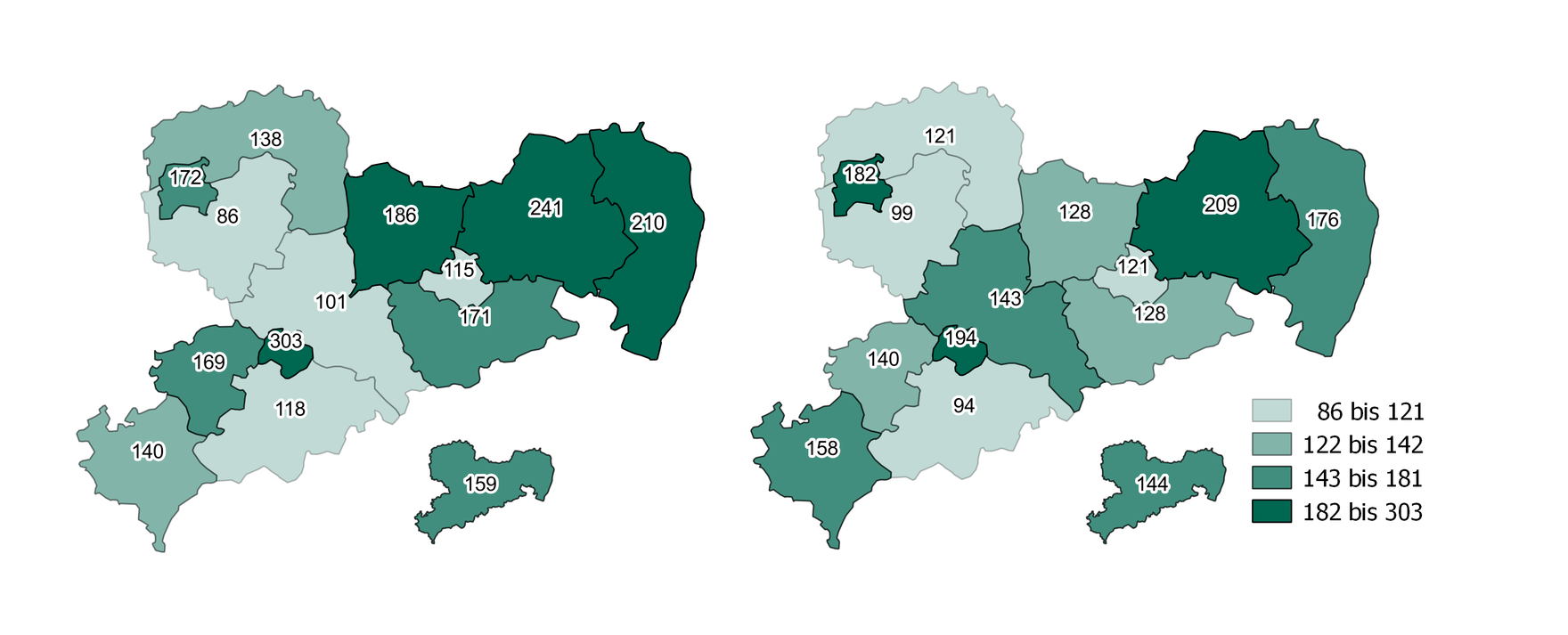 In Sachsen insgesamt ist zwischen 2008 und 2015 eine Abnahme der Zugänge je 100.000 Einwohner mit der Hauptdiagnose Alkohol in Sachsen zu verzeichnen. Eine leichte Zunahme erfolgte in den Kreisfreien Städten Leipzig und Dresden. Im Landkreis Mittelsachsen stiegt die Zahl der Zugänge je 100.000 Einwohner von 2008 auf 2015 von 101 auf 143 Fälle.