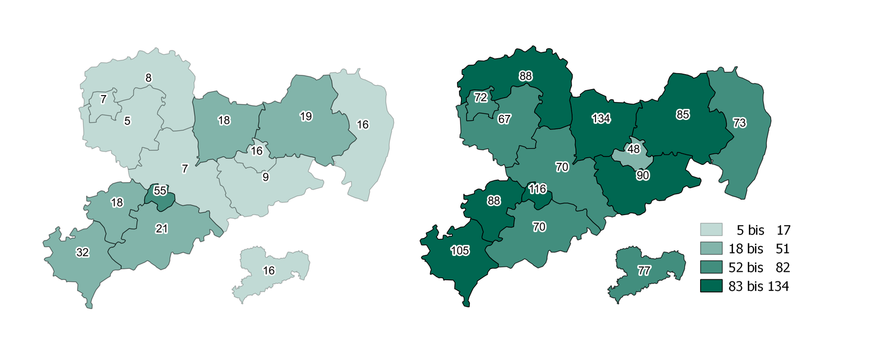 Von 2008 auf 2015 ist in Sachsen die Zahl der Zugänge mit der Hauptdiagnose Stimulanzien um 61 je 100.000 Einwohner angestiegen. In allen Landkreisen und Kreisfreien Städten erfolgte ein vergleichsweiser starker Anstieg der Zugänge. Am meisten Zugänge waren 2015 in Meißen mit 134 Fällen zu verzeichnen. Hier erfolgte auch der höchste Anstieg seit 2008 um 116 Fälle.