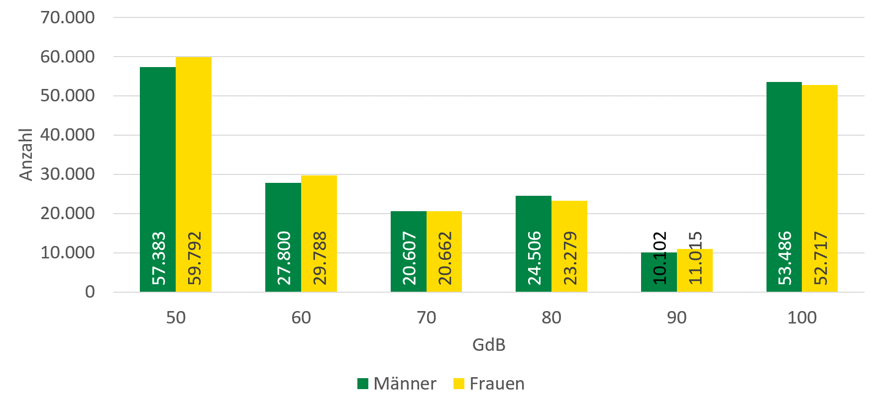 Knapp 170.000 haben einen GdB von 50. Unter ihnen gibt es etwas mehr Frauen als Männer. Einen GdB von 100 haben circa 106.000 Menschen, hier ist der Anteil Männer etwas höher. Deutlich weniger Menschen haben einen GdB zwischen 60 und 90.