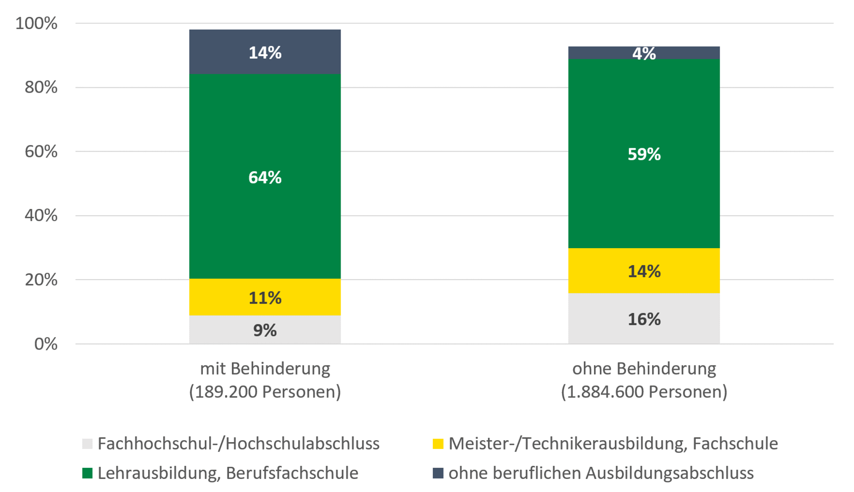 14 Prozent der Menschen mit Behinderung hatten 2013 keinen Schulabschluss im Vergleich von nur 4 Prozent bei denen ohne Einschränkung. Einen Fachhochschul/Hochschulabschluss hatten nur 9 Prozent der Menschen mit Behinderung. Deutlich mehr Menschen mit Behinderung (64 Prozent) hatten eine Lehrausbildung/Berufsfachschulabschluss. Bei Personen ohne Behinderung machten diese 59 Prozent aus.