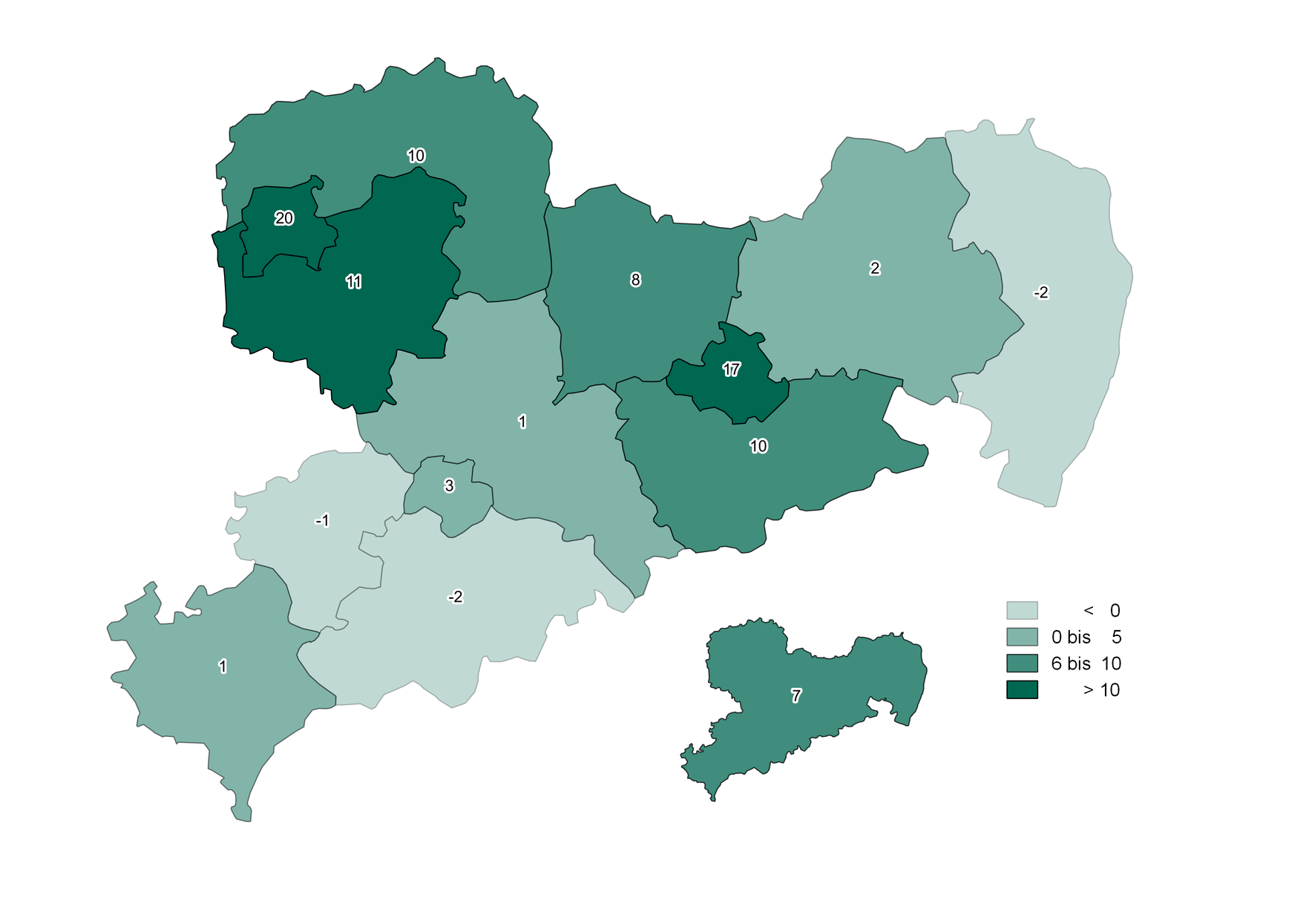Die regional unterschiedliche Entwicklung der absoluten Anzahl der Menschen mit Schwerbehinderung in Sachsen wird wie im Text beschrieben in einer Karte dargestellt.