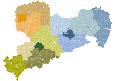 Kartendarstellung von Sachsen mit eingezeichneten Gemeinden